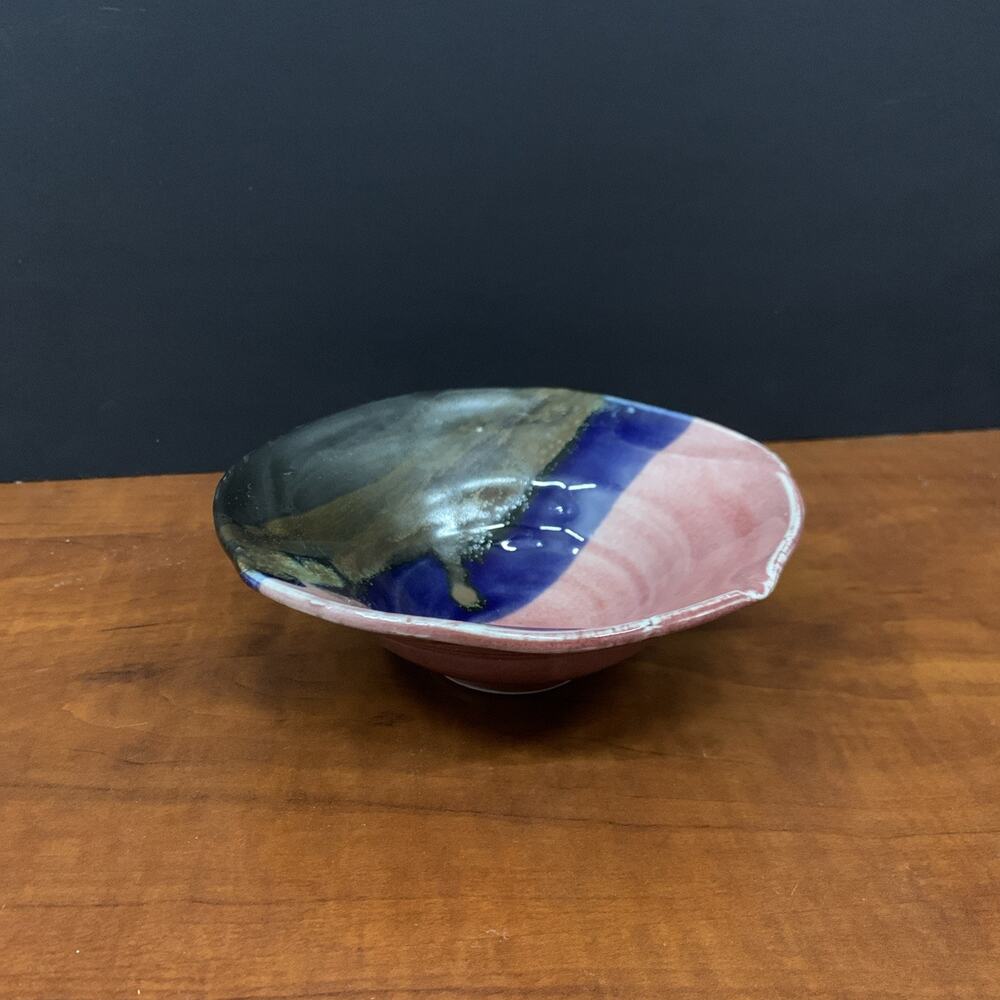 Glazed Ceramic Pottery Bowl Multicolor Pink Blue Brown